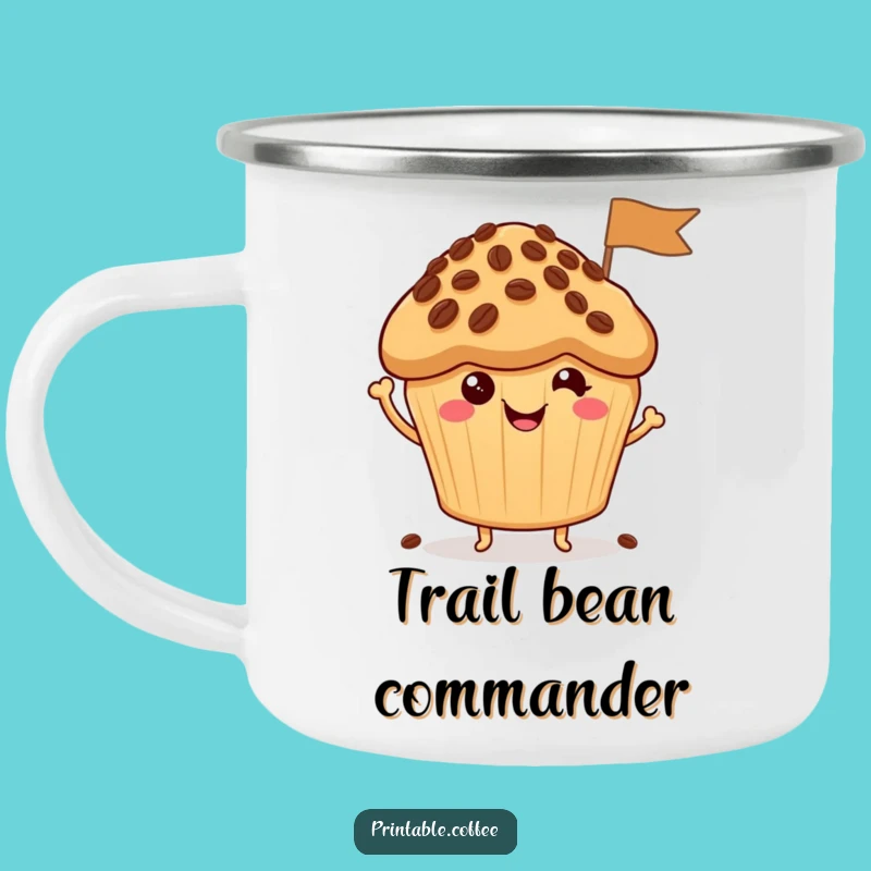 Funny Muffin Camping Mug: Happy Character with Coffee Bean Flag, Your Adventure Gift