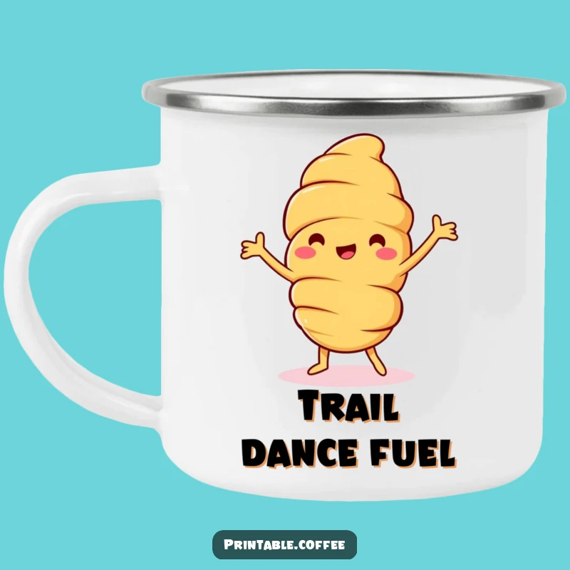 Funny Croissant Dance Camping Mug: Jolly Pastry Character's Happy Dance - Outdoor Fun & Hilarious Gift