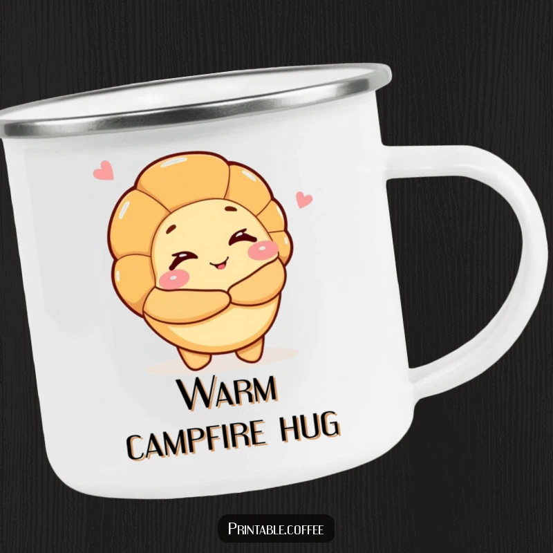 Funny enamel camping mug featuring a croissant character winking and offering a warm hug, for cozy outdoor enjoyment.