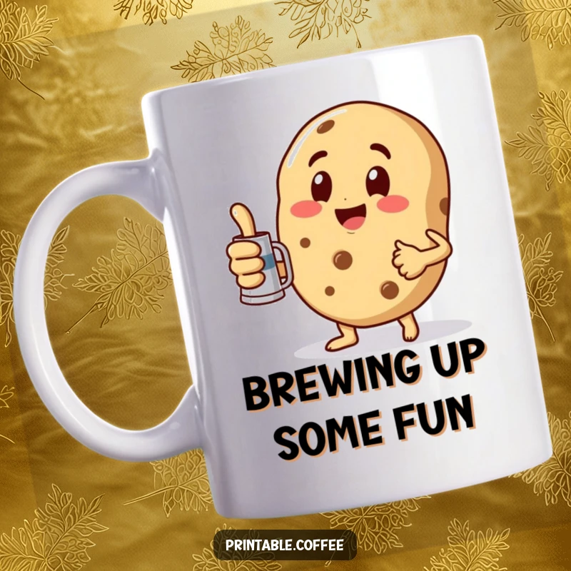 Funny Mug featuring a playful cookie character giving a thumbs up while holding a miniature coffee pot, radiating positivity.