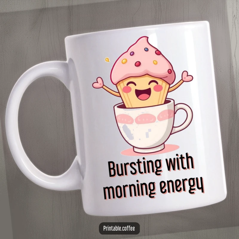Funny Mug featuring a happy muffin character joyfully bursting out of a coffee cup, radiating pure delight.