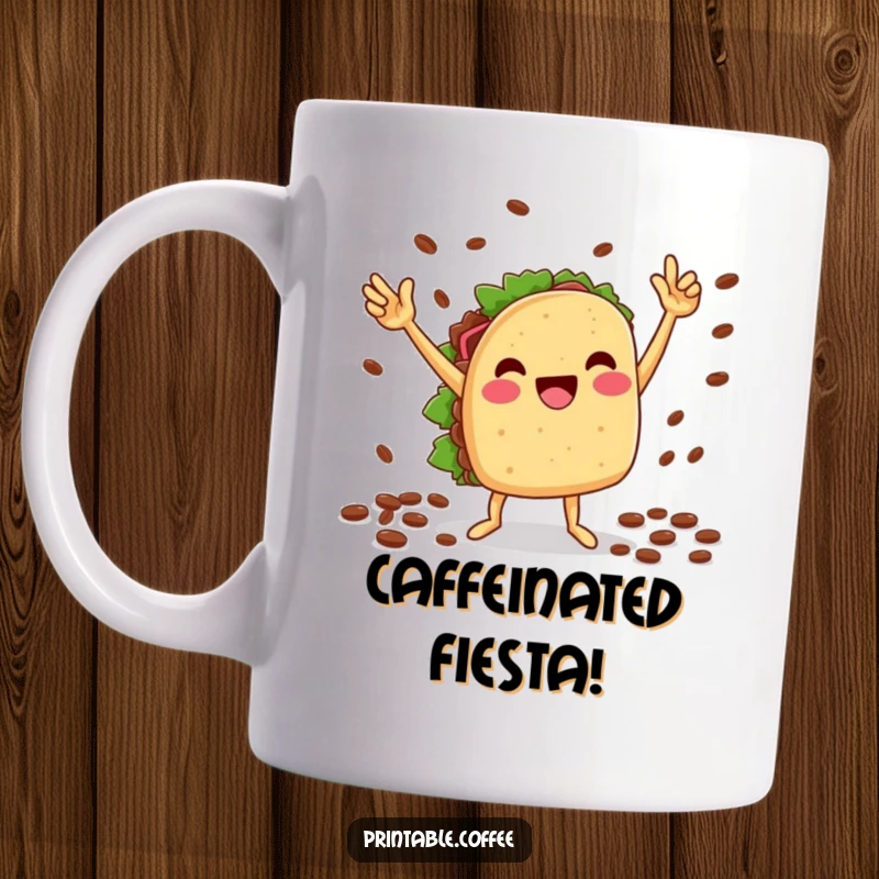 Funny mug: A cheesy taco character joyfully dances, holding coffee beans, celebrating a delicious victory in a lively fiesta.