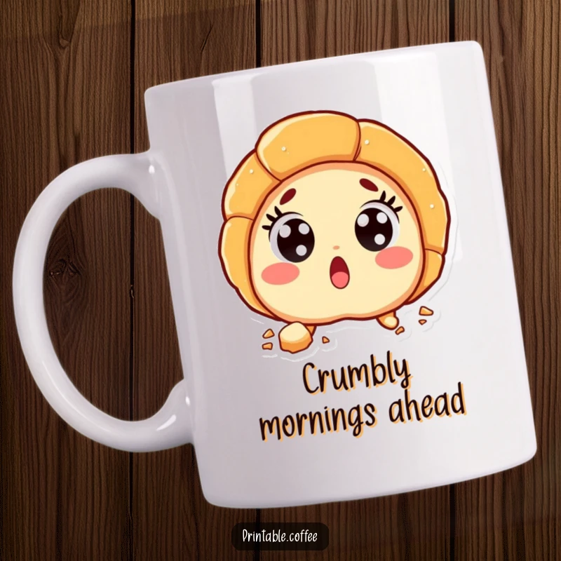 Funny croissant character with wide, surprised eyes and flaky crumbs falling, on a cheerful mug.