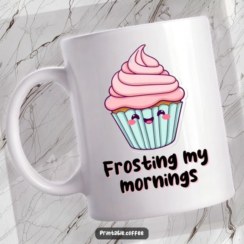 Funny cupcake character with joyful, wiggling frosting on a happy mug.