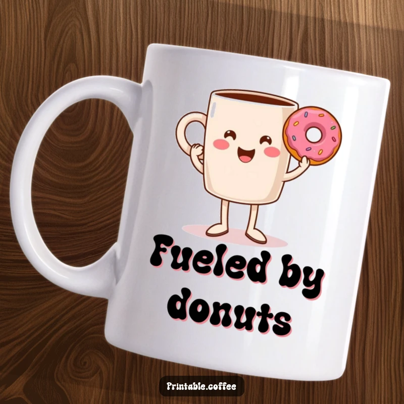 Funny smiling coffee mug with legs triumphantly holding a donut, celebrating breakfast victory on a delightful mug.