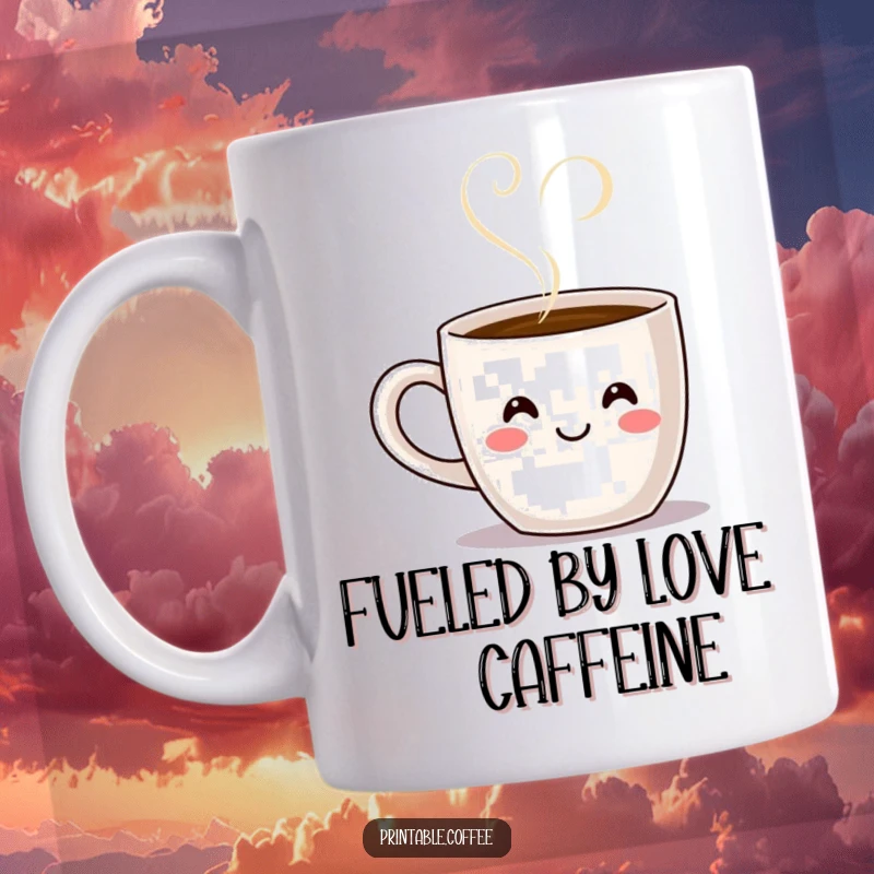 Funny smiling coffee mug character with steam rising to form a perfect heart shape, symbolizing love and warmth on a mug.
