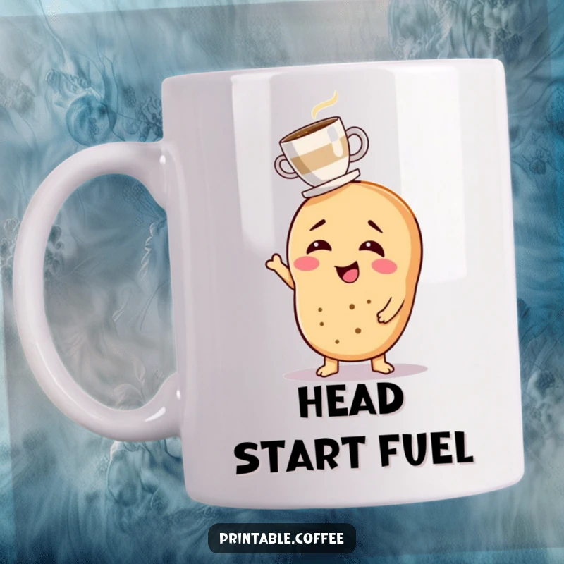 Funny mug featuring a giggling bagel character precariously balancing a tiny coffee cup on its head, embodying morning struggles.