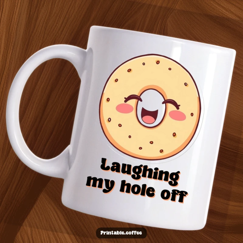 Funny bagel mug featuring a cheerful bagel character with eyes closed, laughing heartily, conveying a sense of unrestrained, doughy mirth.