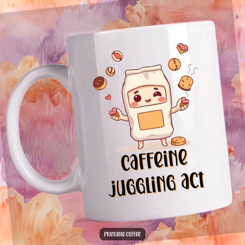 Funny coffee mug featuring a steaming coffee bag character skillfully juggling various delicious pastries with a cheerful expression.