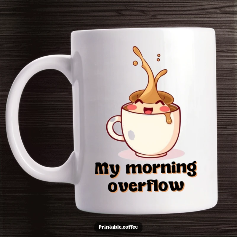 Funny coffee mug with a joyful coffee cup character gleefully spilling its contents, radiating happiness and morning energy.