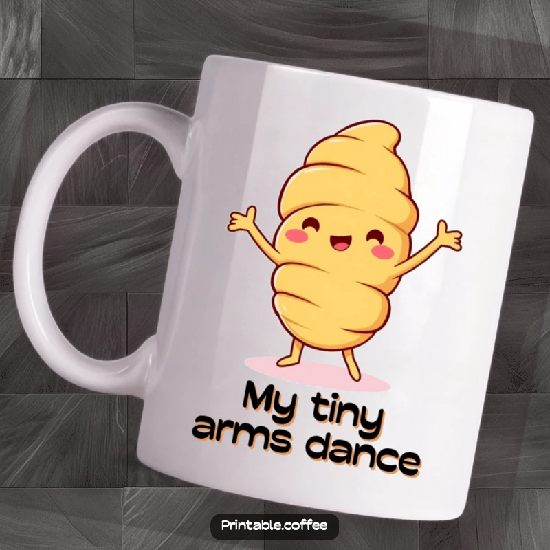Funny croissant mug with a jolly pastry character doing a happy dance, arms flailing joyfully, conveying pure, unadulterated baked good glee.