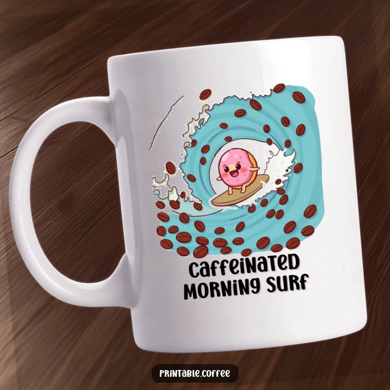 Funny donut mug showcasing a wobbly jelly donut surfing a giant coffee bean wave, a delightful mix of breakfast treats.