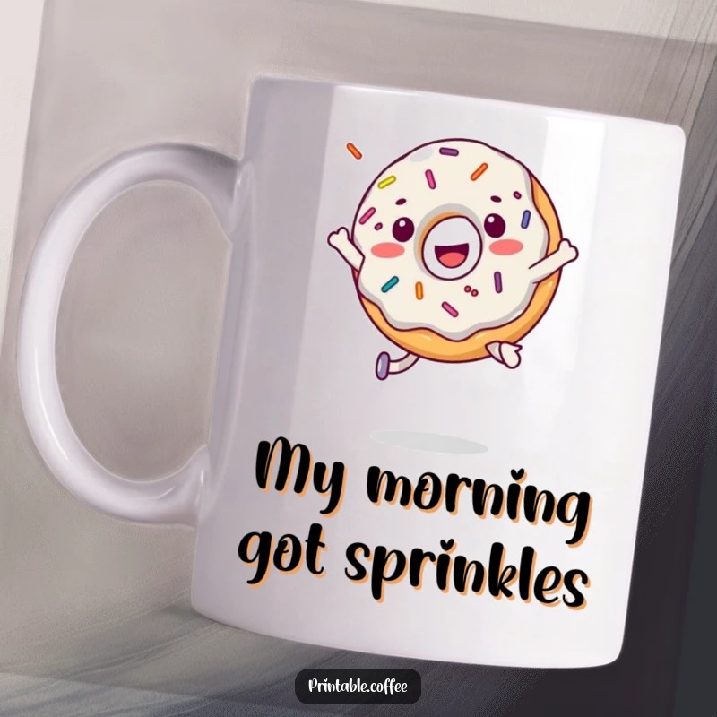 Funny donut character in mid-air jump, covered in colorful sprinkles, on a cheerful mug.