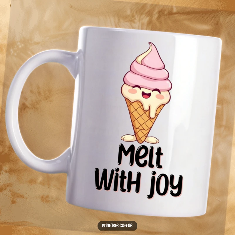 Funny mug showing a giggling ice cream cone character melting slightly from laughter, radiating pure joy.