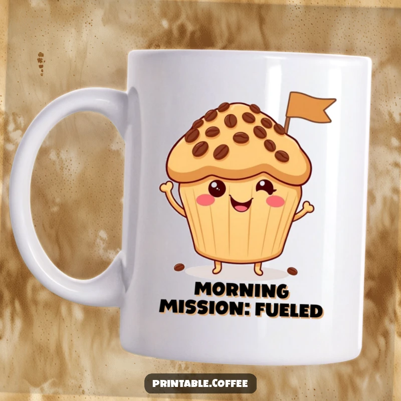 Funny Muffin Mug: A cheerful muffin character enthusiastically waves a tiny flag made of coffee beans, bringing joy and coffee vibes.