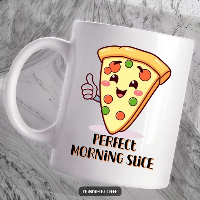 Funny mug featuring a gleeful slice of pizza character giving a thumbs up, radiating delicious positivity.