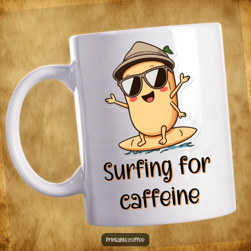 Funny coffee mug featuring a coffee bean character wearing sunglasses, confidently surfing on a wave with a cool and relaxed vibe.