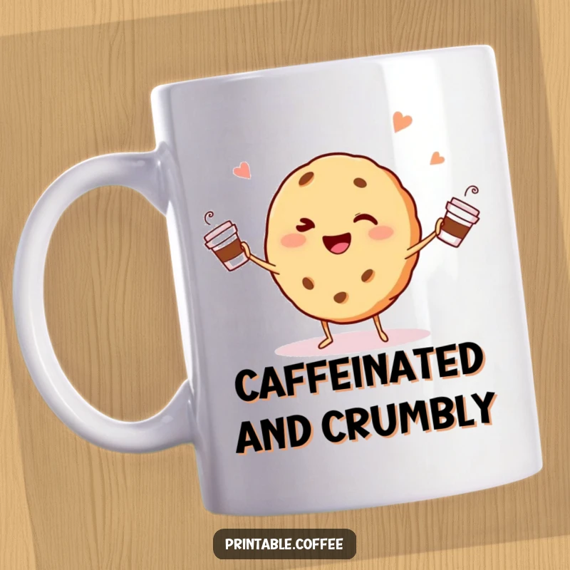 Funny winking cookie character happily juggling tiny coffee cups on a mug, symbolizing morning energy.