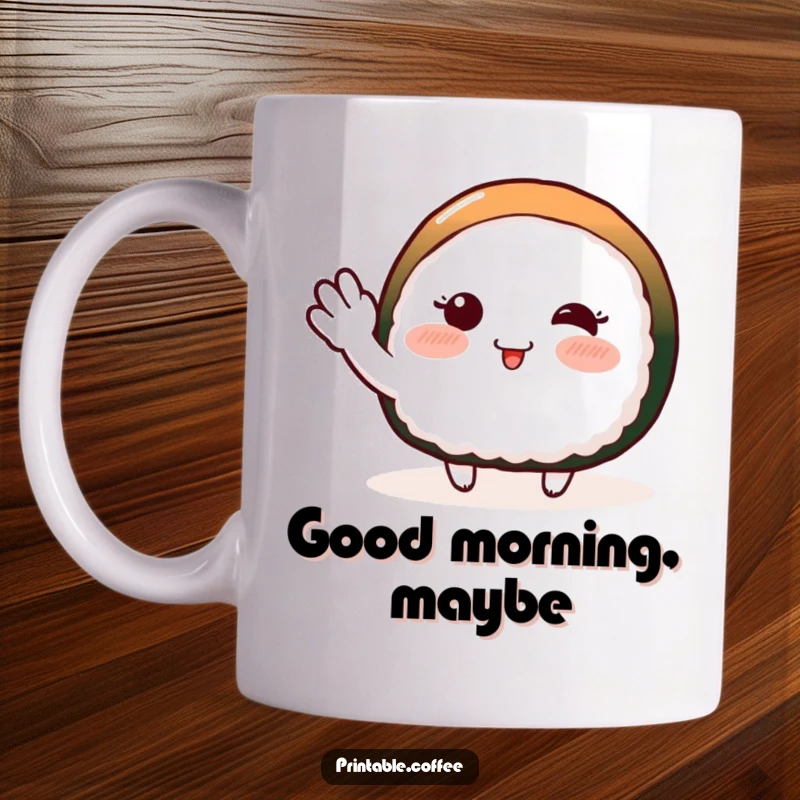 Funny mug featuring a blushing piece of sushi character doing a shy wave, conveying gentle greeting and cuteness.