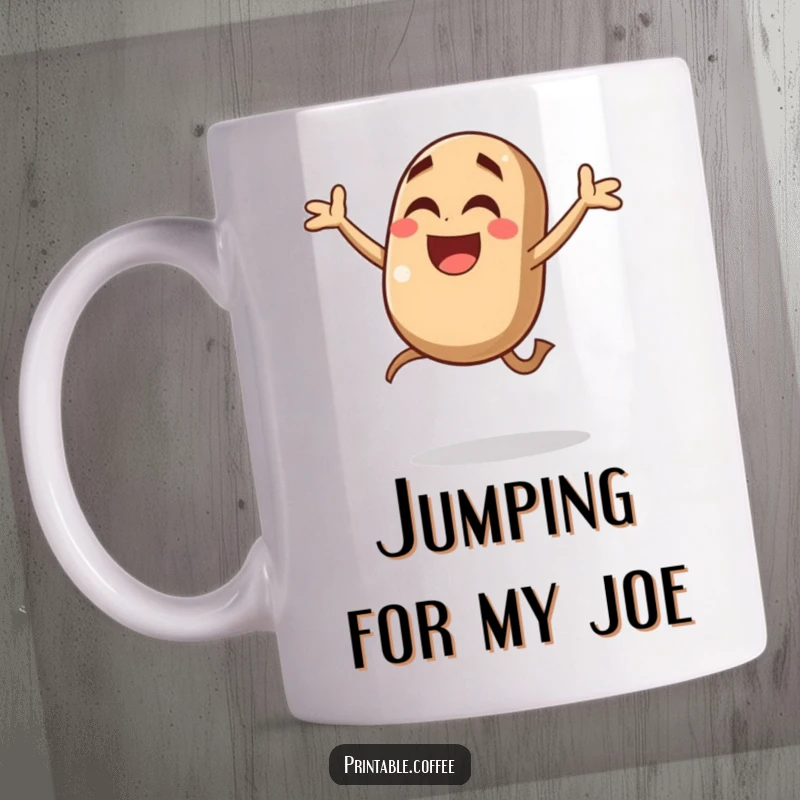Funny coffee bean mug featuring a giggling character leaping joyfully in mid-air, radiating pure, caffeinated excitement and bean-tastic energy.