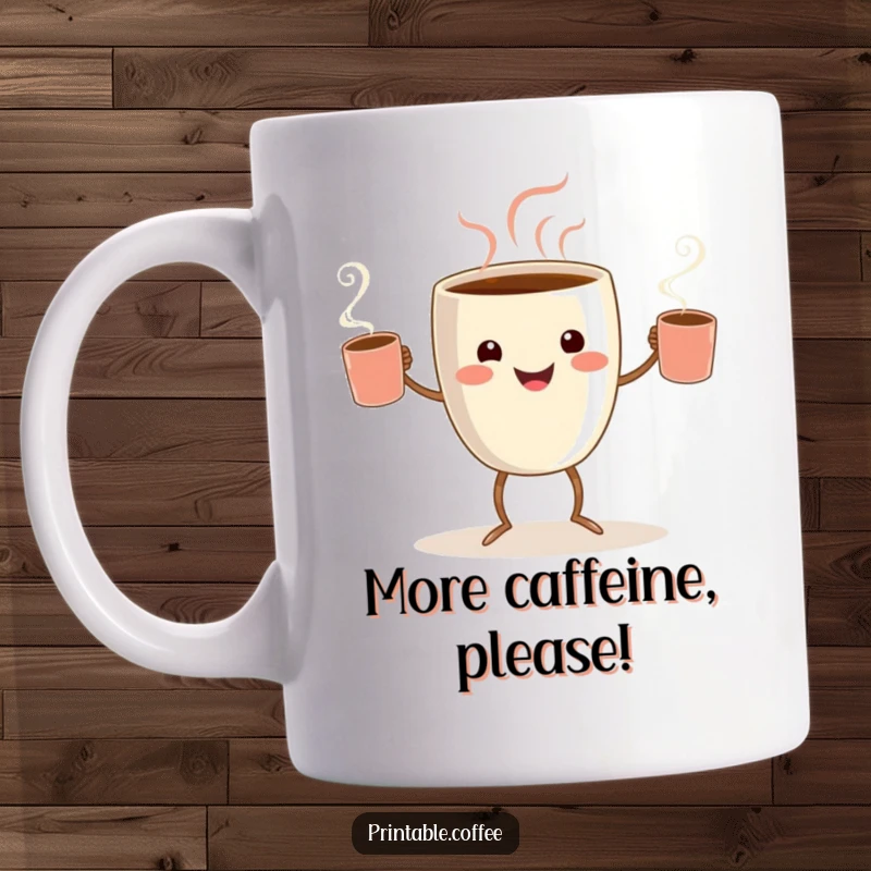 Funny coffee cup mug with tiny legs, joyfully juggling steaming mugs, embodying caffeinated happiness.