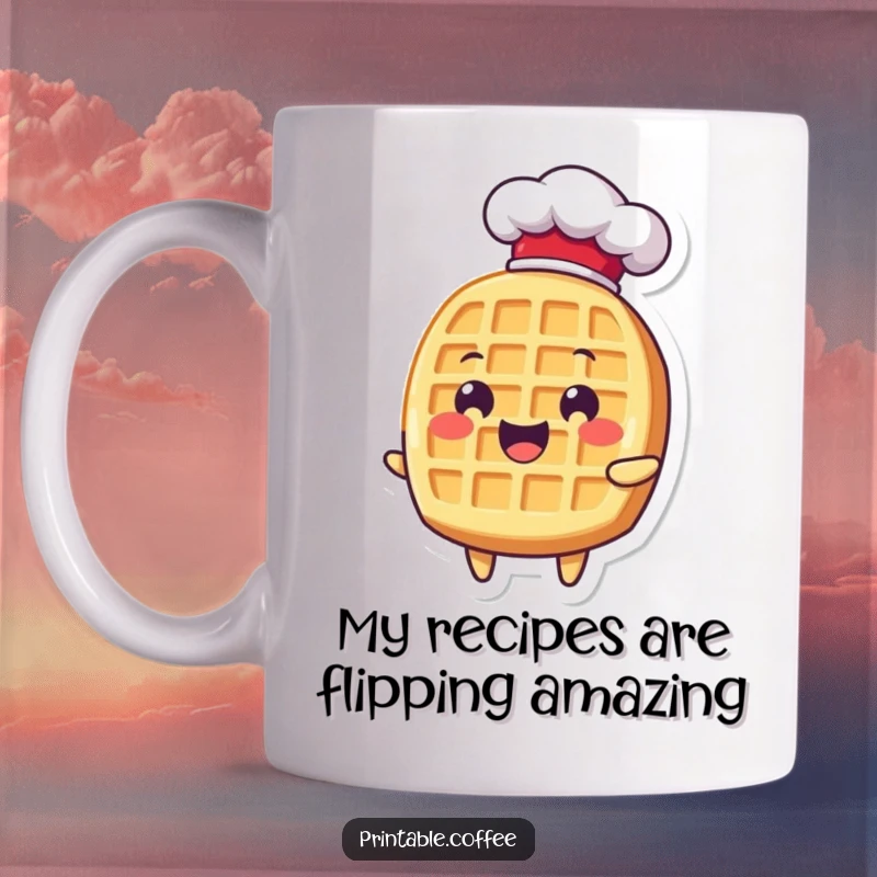 Funny waffle character in a chef hat, delighted and ready to cook, perfect for a funny breakfast mug.