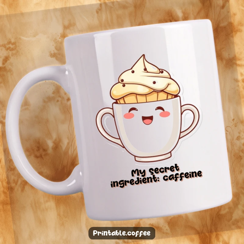 Funny laughing muffin character peeking from behind a giant coffee cup on a mug, showing playful surprise.