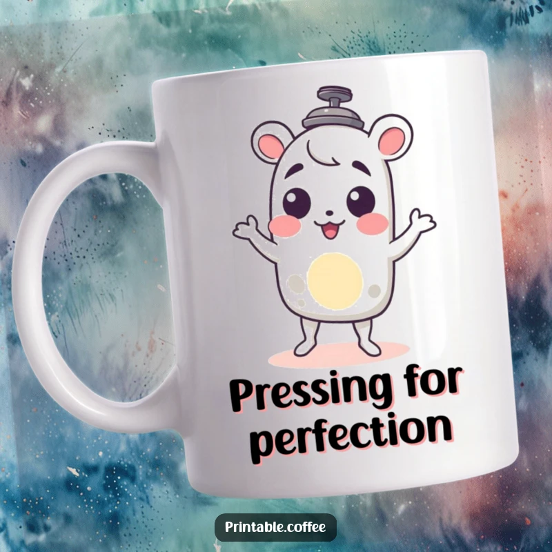 Funny French press character mug delightfully doing a little shimmy, radiating coffee-fueled joy and playful energy.