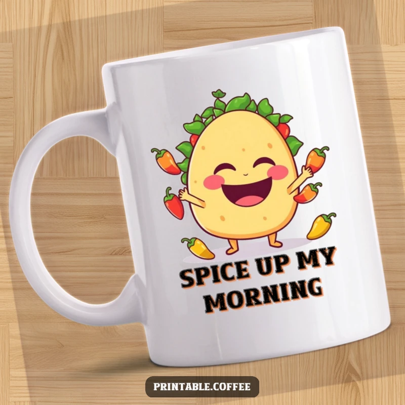 Funny, laughing taco character expertly juggling small jalapeño peppers on a festive mug.