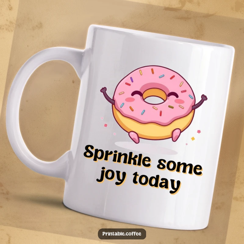 Funny donut mug with sprinkles character joyfully bouncing on its toes, radiating happiness and sweet delight.