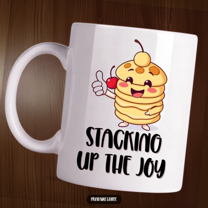 Funny pancake mug featuring a cheerful stack character giving a thumbs-up, complete with a cherry on top, radiating breakfast joy.