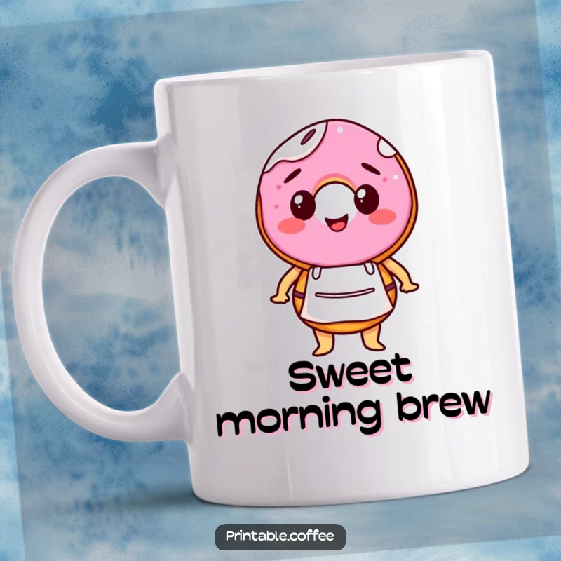 Funny coffee mug featuring a happy donut character dressed in a tiny barista apron, ready to serve delicious coffee.