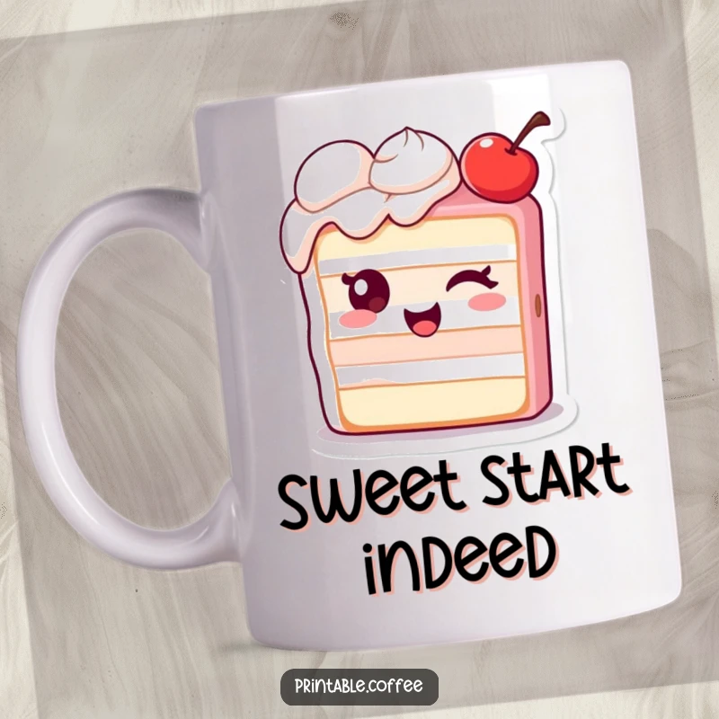 Funny mug featuring a winking piece of cake character with an extra cherry, conveying playful indulgence and joy.