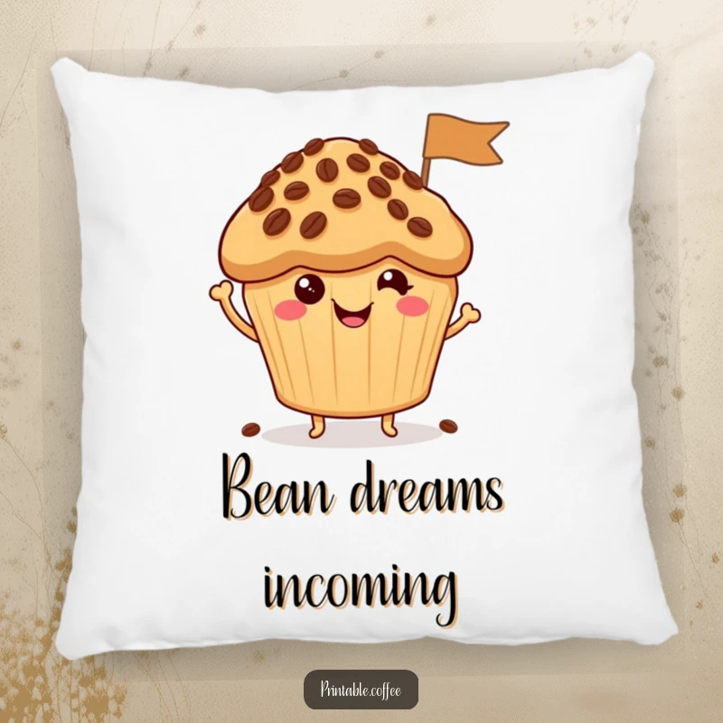 Funny Pillow: A smiling muffin character holds a small flag made from coffee beans, offering comfort and a cheerful vibe.