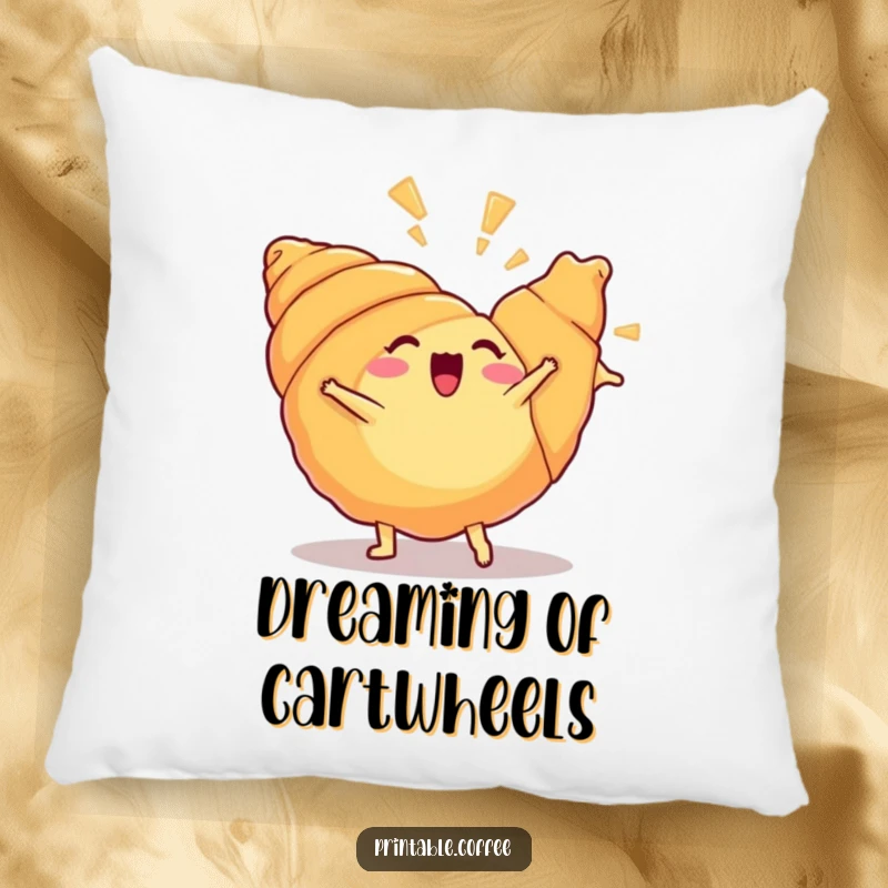 Funny croissant pillow showing a happy croissant performing a cartwheel, flaky layers flying, bringing soft, humorous decor.