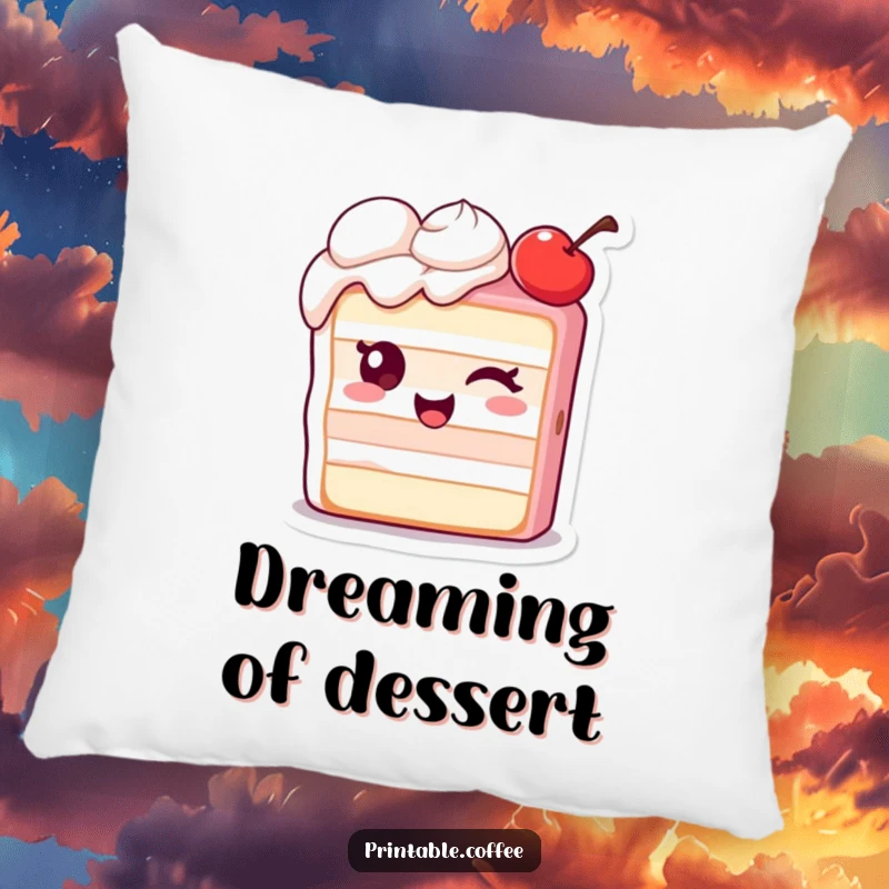 Funny pillow featuring a winking piece of cake character with an extra cherry, offering soft comfort and sweet humor.