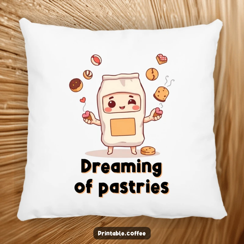 Funny pillow featuring a steaming coffee bag character expertly juggling pastries, offering cozy comfort and a touch of sweet humor.