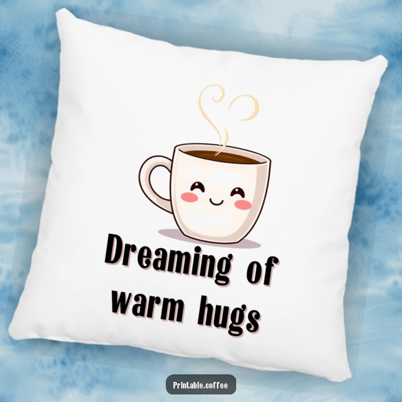 Funny smiling coffee mug character with steam forming a heart shape, depicted on a soft and humorous decorative pillow.