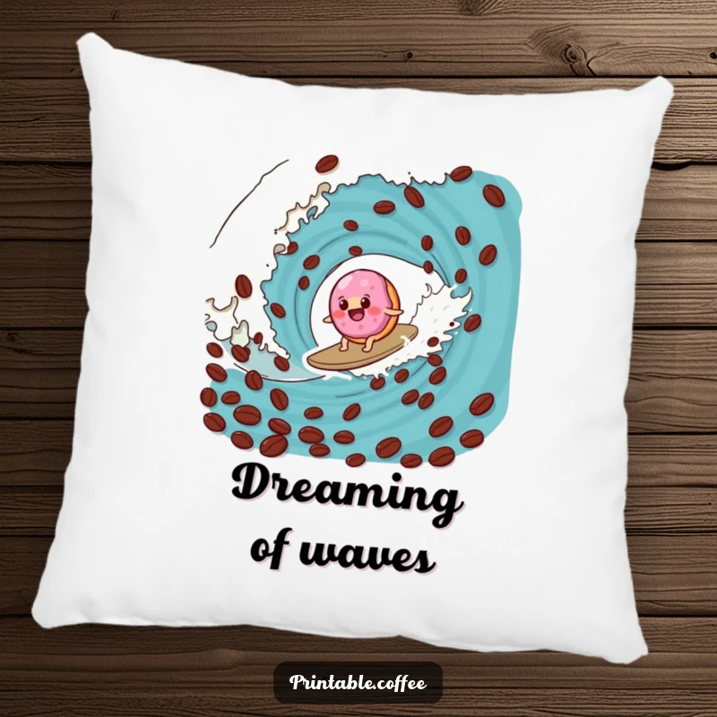 Funny donut pillow showing a wobbly jelly donut surfing a coffee bean wave, bringing soft, humorous decor to any room.