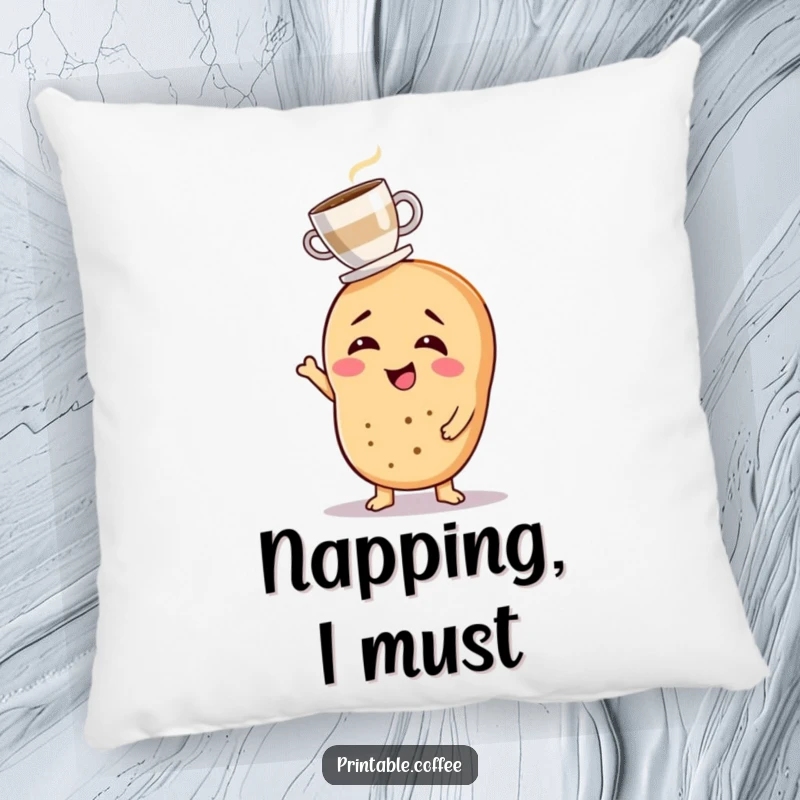Funny pillow with a giggling bagel character balancing a tiny coffee cup, bringing humorous morning comfort.