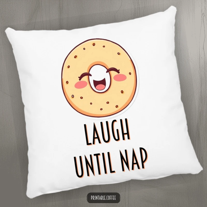 Funny bagel pillow with a cheerful bagel character laughing heartily, eyes closed, offering plush comfort and contagious, doughy amusement.