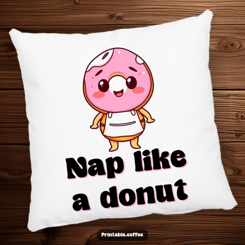 Funny pillow featuring a happy donut character in a miniature barista apron, offering soft comfort and a sweet, charming touch.