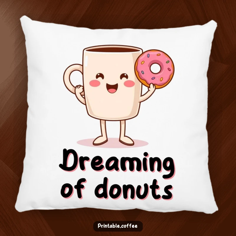 Funny coffee mug with legs triumphantly holding a donut, a soft and humorous pillow for delightful comfort and quirky decor.
