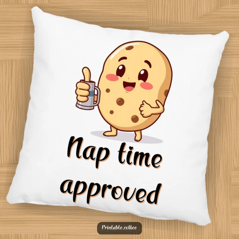 Funny Pillow featuring a playful cookie character giving a thumbs up while holding a miniature coffee pot, offering comfort and smiles.