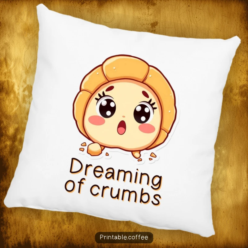 A surprised croissant character with wide eyes and falling flaky crumbs, depicted on a soft, decorative pillow.