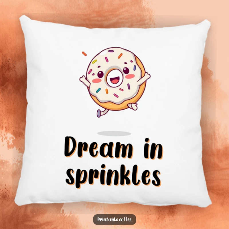 A cheerful, funny donut character caught mid-jump with sprinkles flying, depicted on a soft, decorative pillow.
