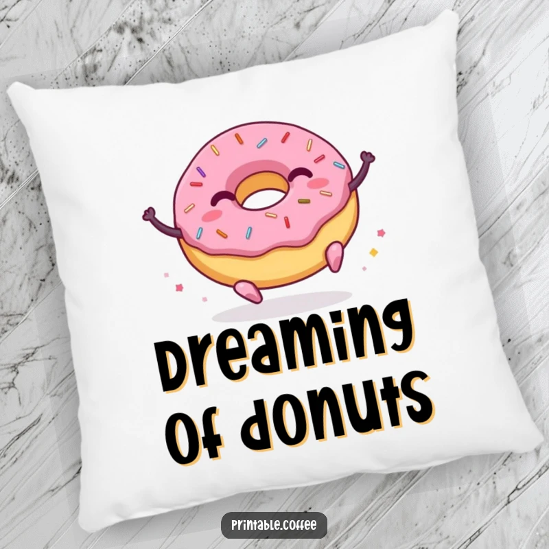 Funny donut pillow with a character featuring sprinkles joyfully bouncing, providing comfort and a cheerful accent to any seating area.