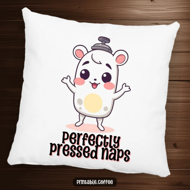 Funny French press pillow with a character delightfully doing a little shimmy, providing comfort and a playful coffee-themed accent.