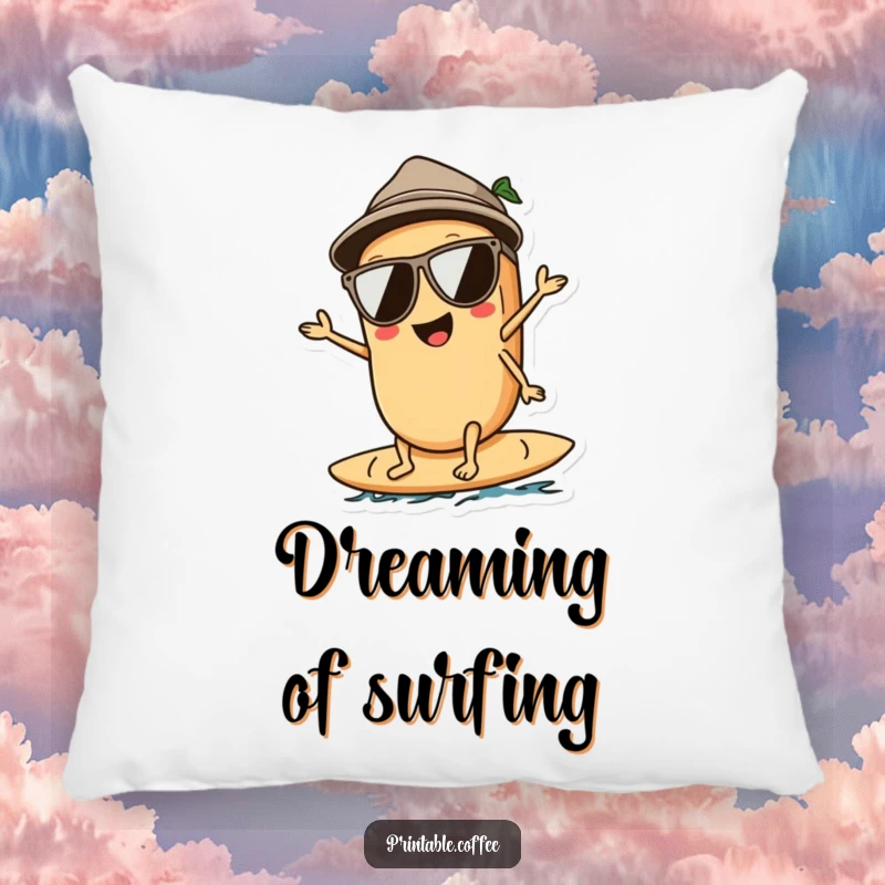 Funny pillow featuring a coffee bean character wearing sunglasses, surfing on a wave, offering soft comfort and cool beachy vibes.