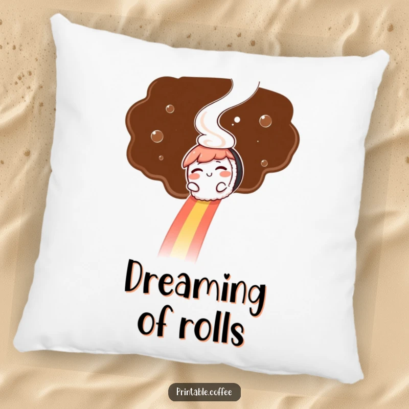 Funny pillow: A winking sushi character slides down a coffee steam rainbow, adding a playful and cozy element to decor.